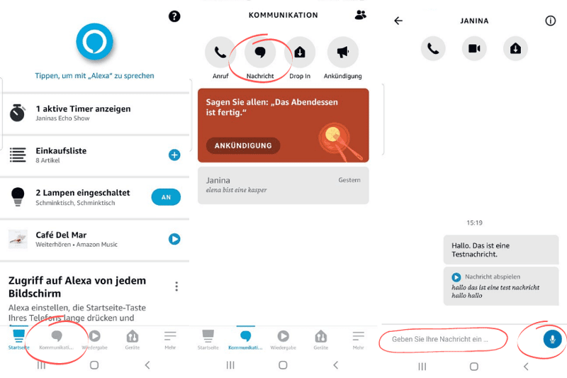 Eine Nachricht wird mit der Alexa App verschickt
